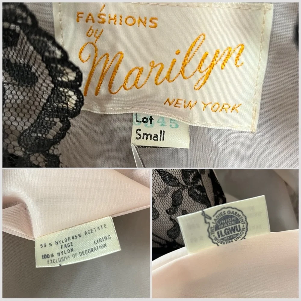 Union Made Fashions by Marilyn Pink with Black Lace Overlay Belted Robe Small
